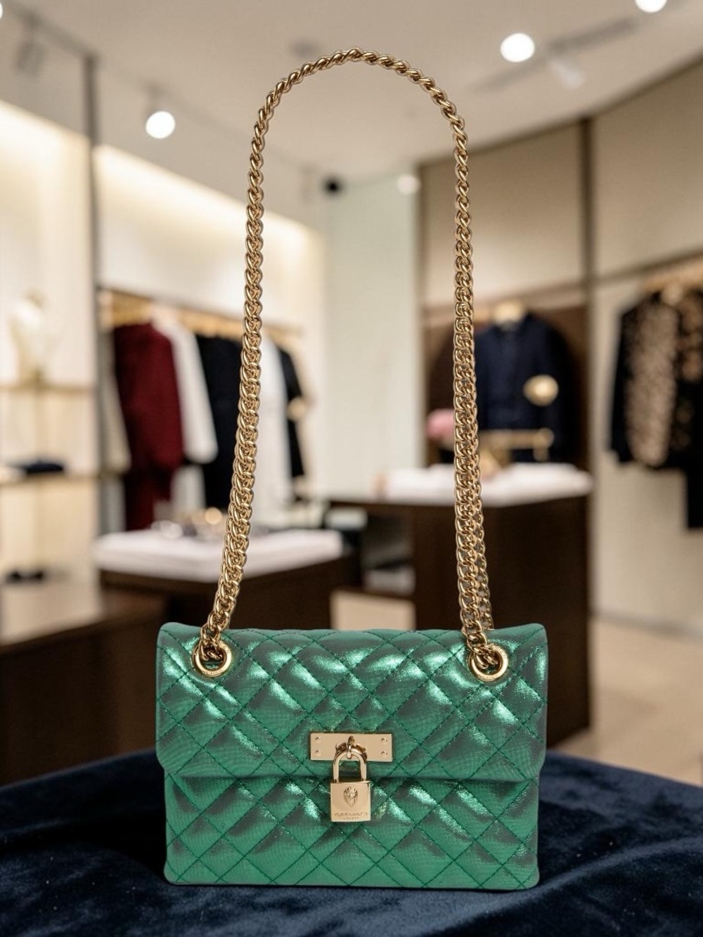 Kurk Geiger Metallic Emerald Quilted Crossbody with Gold Chain Strap - Picture 2 of 7
